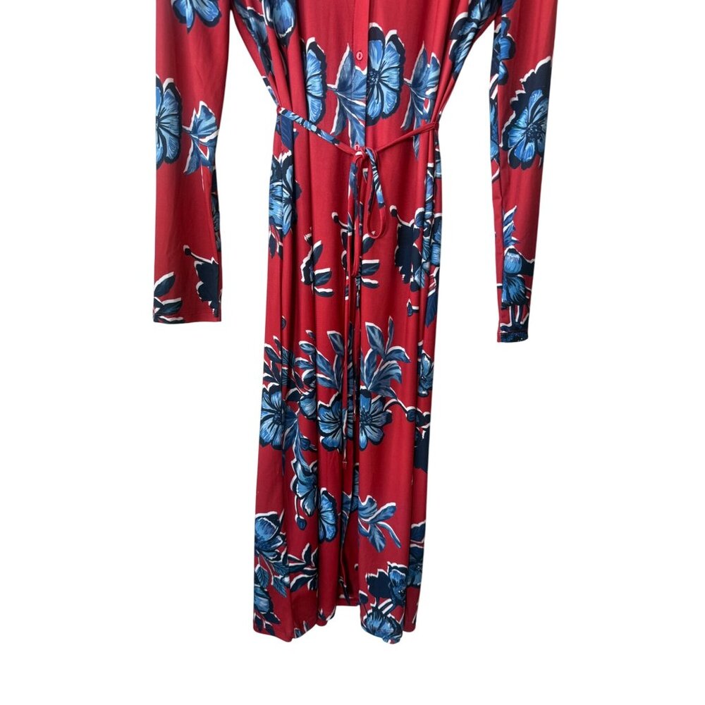 Zara Long Sleeve Shirt Dress Size L Boho Button Down Belted Red Blue Floral Midi - Picture 4 of 12